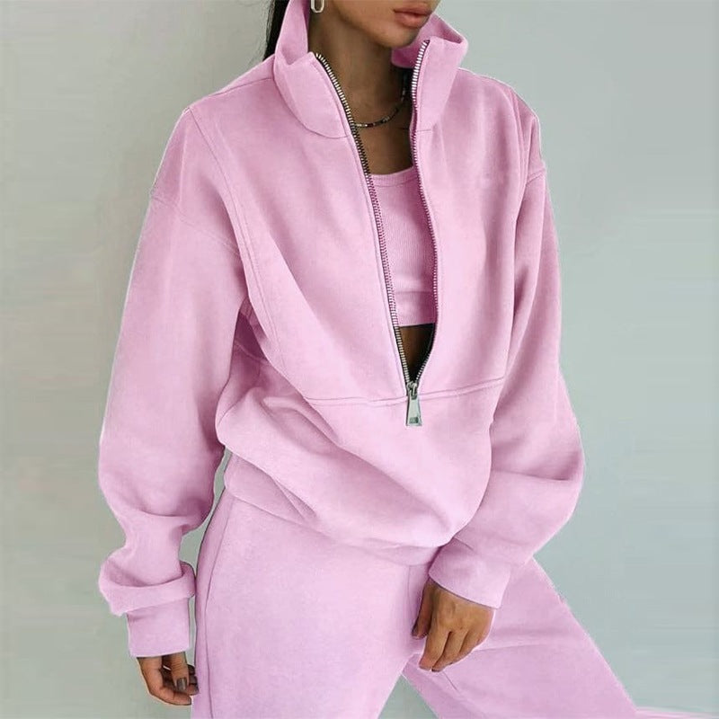 Women's Short Half-zip Sweatshirt and Jogging Pants Set with Stand-up Collar, Oversized Cut and Soft French Terry