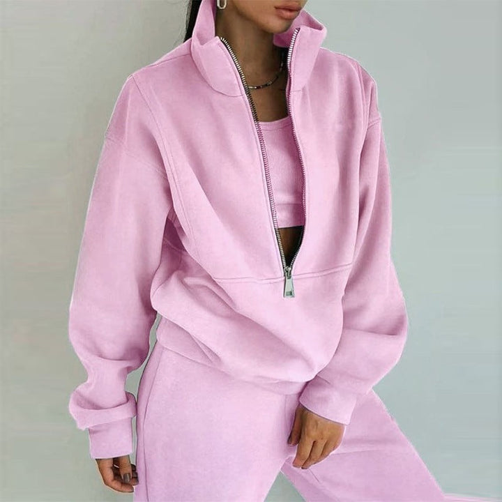 Women's Short Half-zip Sweatshirt and Jogging Pants Set with Stand-up Collar, Oversized Cut and Soft French Terry