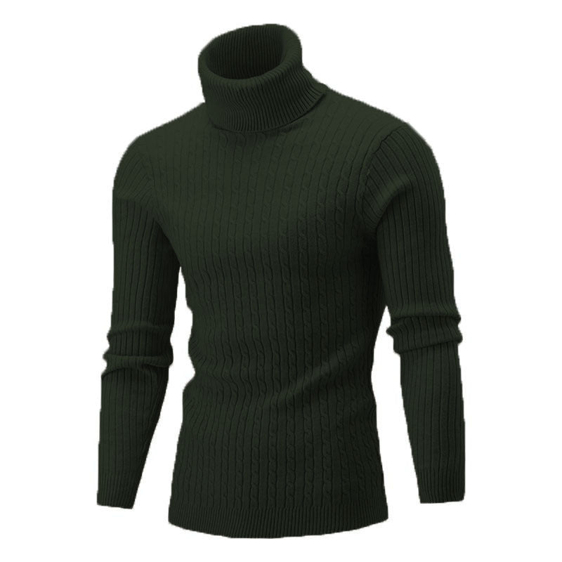 Men's Ribbed Turtleneck Sweater with Cable Knit Pattern and Form-fitting Slim-fit Silhouette