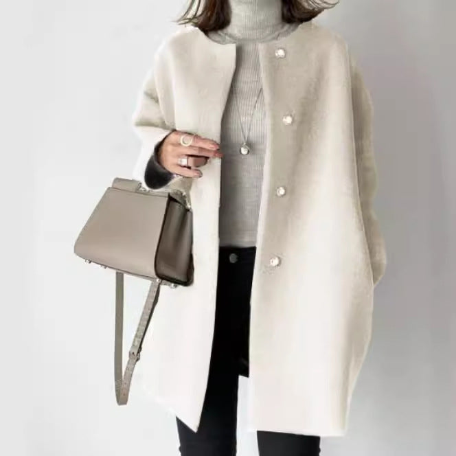 Women Oversized Wool Blend Coat with Pearl Buttons and Straight Cut