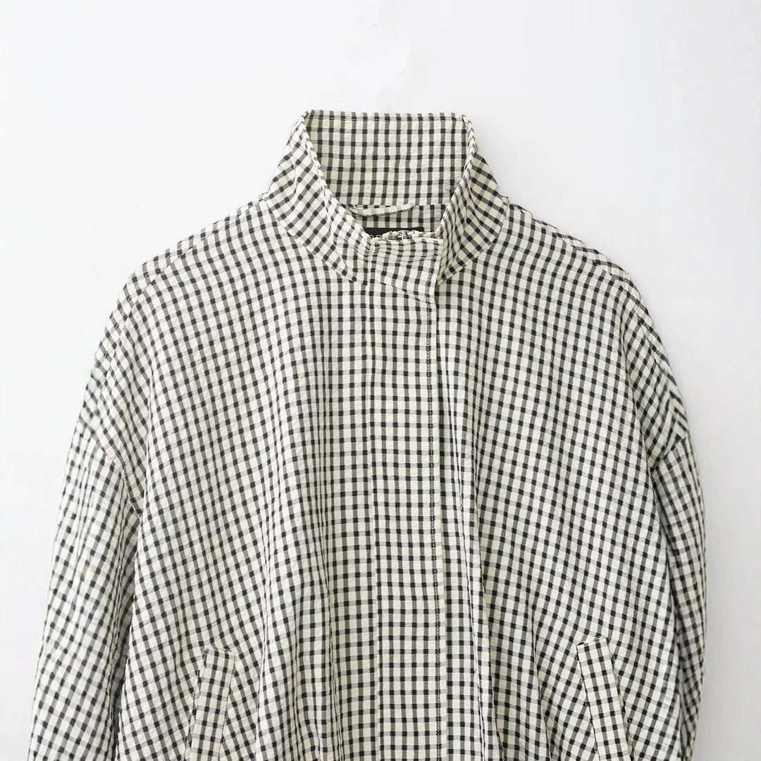 Women's Cropped Blouson Jacket in Boxy Cut with Stand Collar and Fine Check Pattern