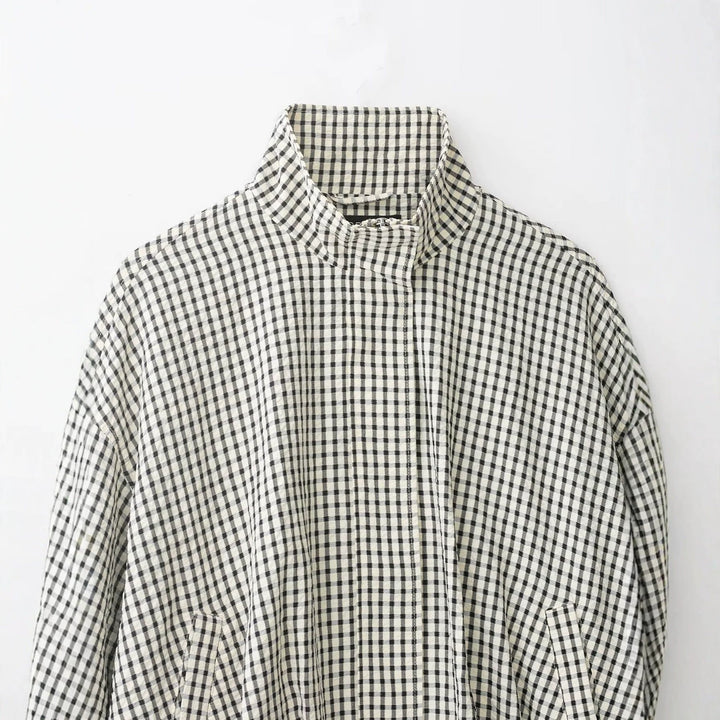 Women's Cropped Blouson Jacket in Boxy Cut with Stand Collar and Fine Check Pattern