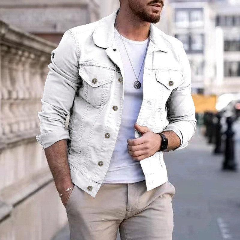 Men's Tailored Denim Jacket in Trucker Style with Chest Pockets and Metal Buttons