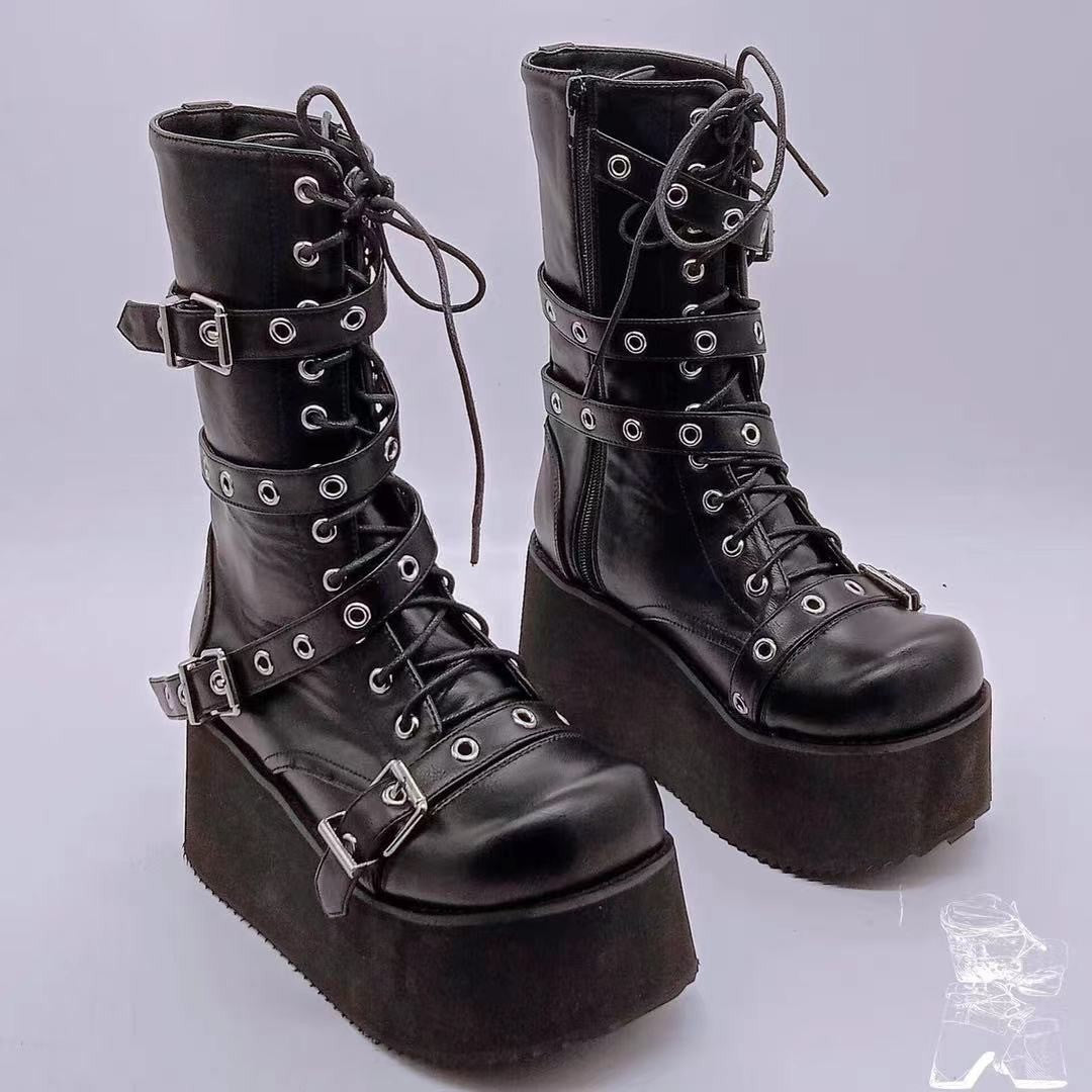 Women's Platform Combat Boots with Buckles, Eyelets, Lacing, and Side Zipper