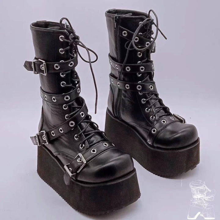 Women's Platform Combat Boots with Buckles, Eyelets, Lacing, and Side Zipper