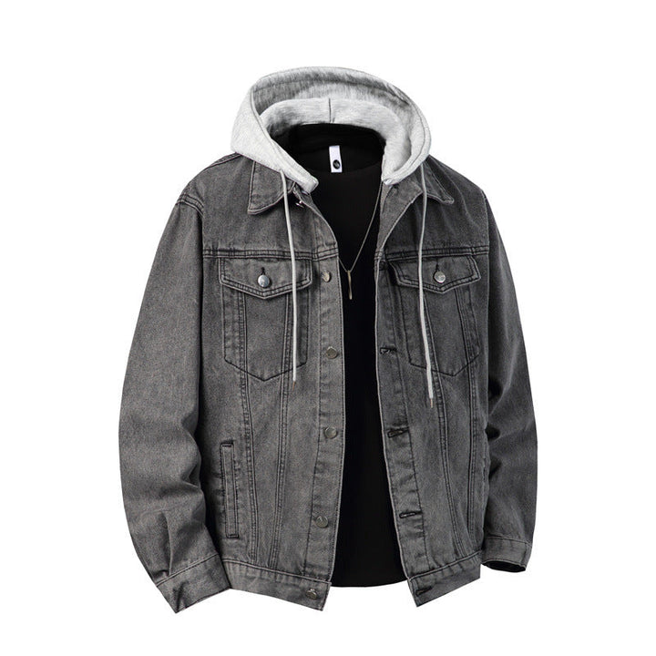 Men's Denim Jacket with Attached Hood Layered Look Robust Cotton Blend