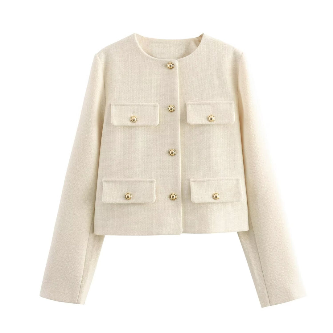 Women's Short-cut Bouclé Tweed Jacket with Round Neckline Decorative Button Details and Attached Flap Pockets