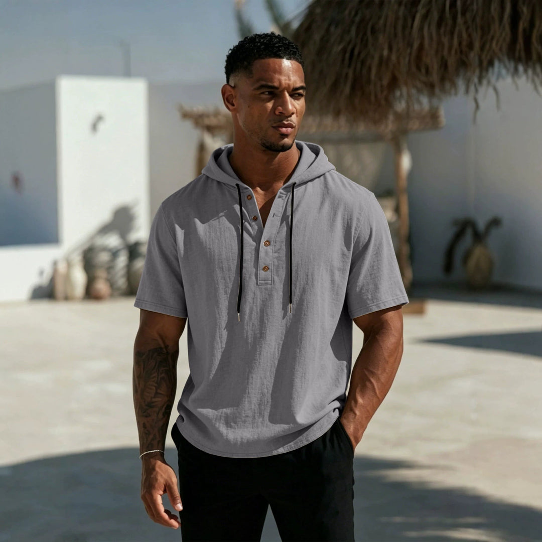 Men's Short Sleeve Hoodie Henley in Linen Look with Button Placket