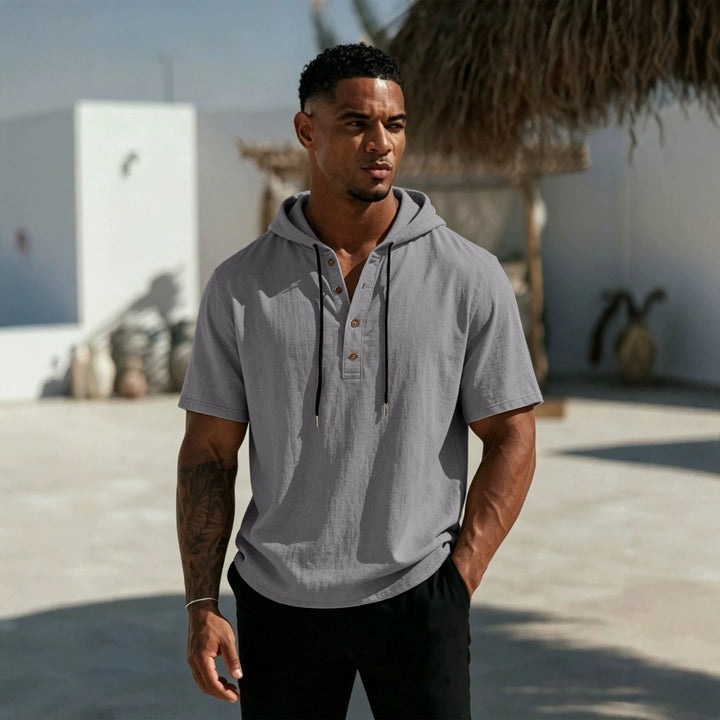 Men's Short Sleeve Hoodie Henley in Linen Look with Button Placket