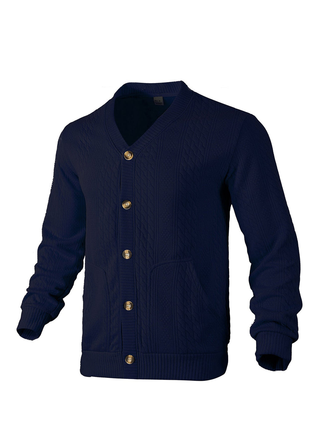 Men's Elegant Braided Knit Cardigan with V-neck Button Placket and Patch Pockets