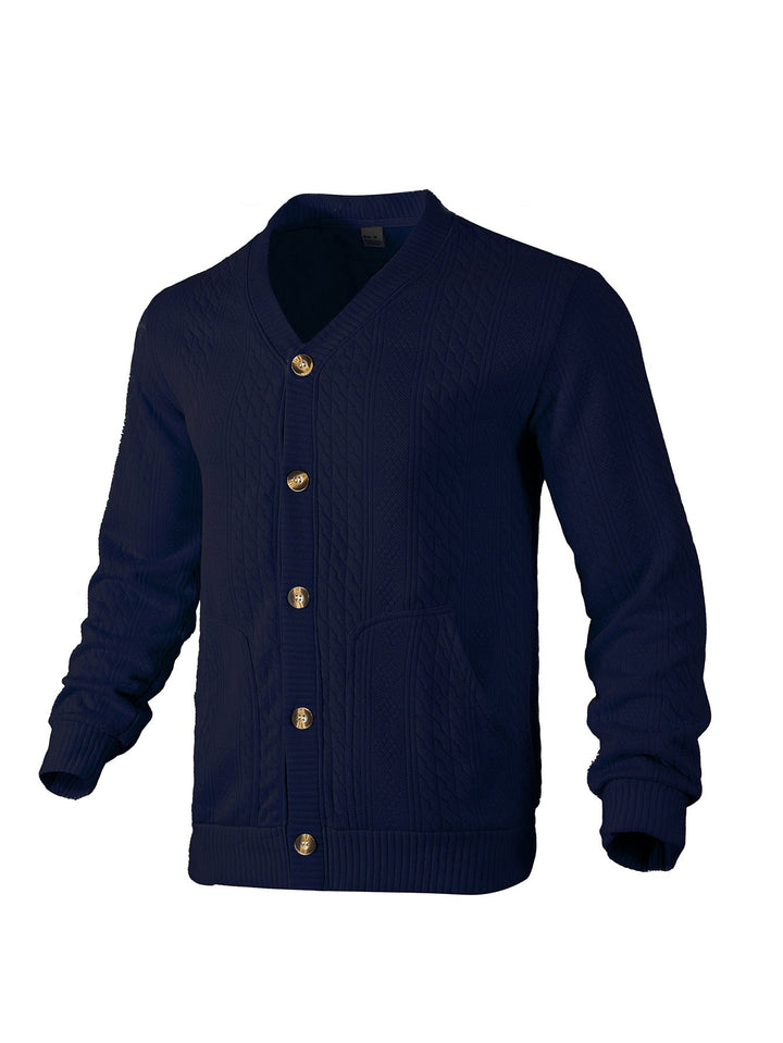 Men's Elegant Braided Knit Cardigan with V-neck Button Placket and Patch Pockets