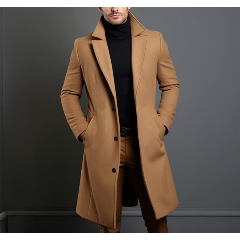 Men's Elegant Single-Breasted Long Coat made of Wool Blend with Slim Silhouette and Lapel Collar