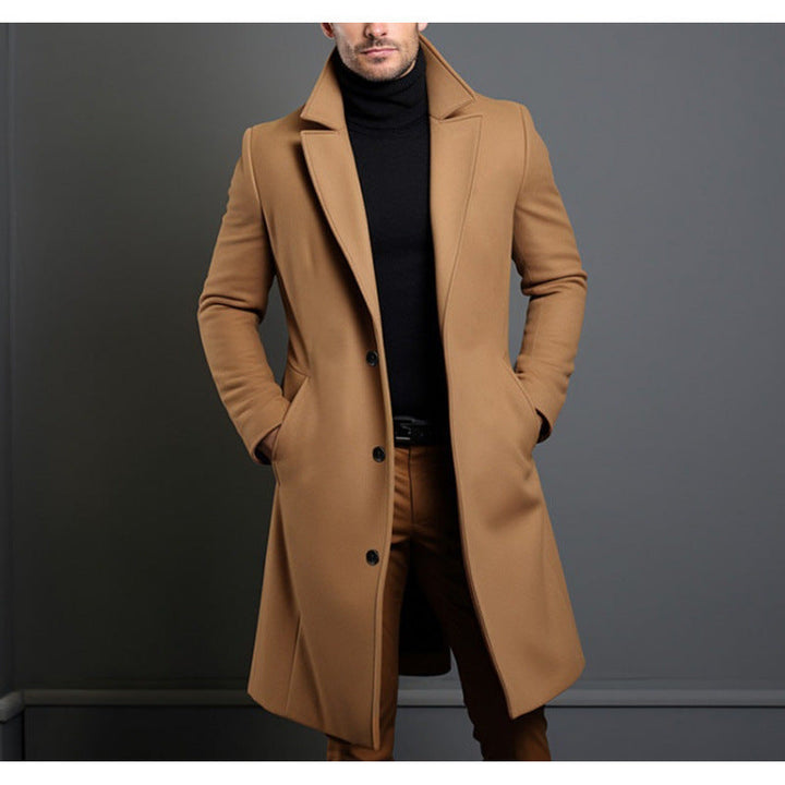 Men's Elegant Single-Breasted Long Coat made of Wool Blend with Slim Silhouette and Lapel Collar