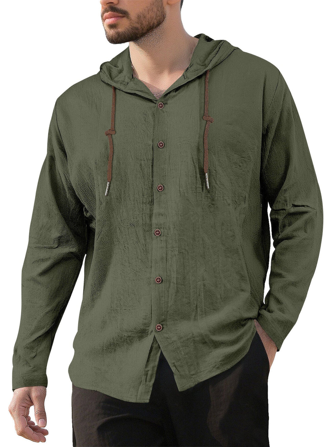 Men's Textured Linen Blend Hooded Shirt with Button Placket, Wood Buttons, and Side Slits