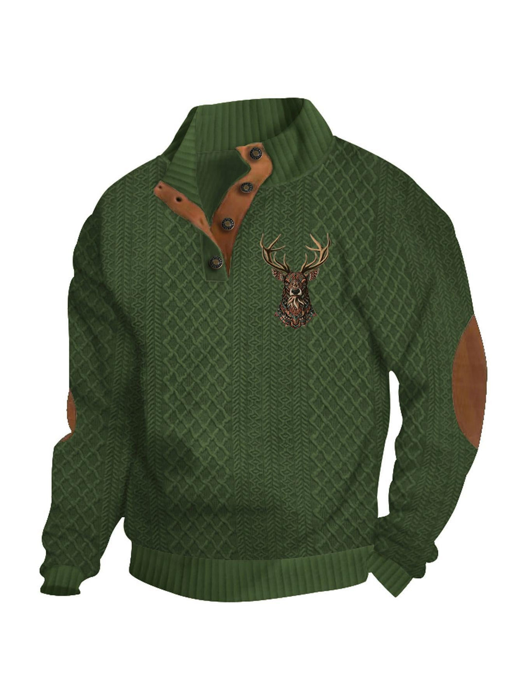 Men's Heritage Textured Pullover with Stand-up Collar Faux Leather Trim Elbow Patches and Half-button Placket