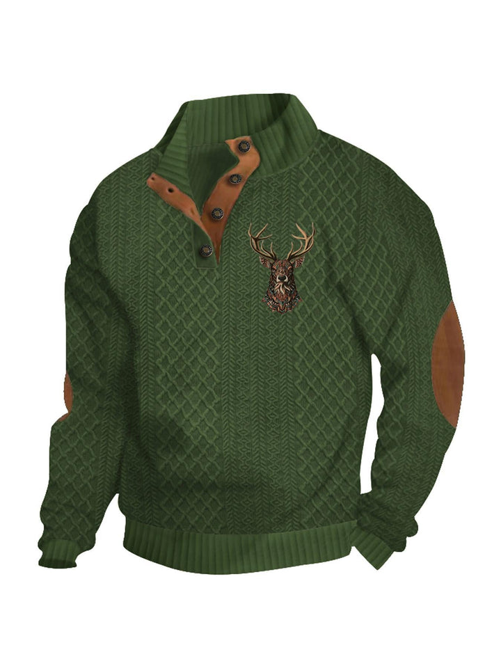 Men's Heritage Textured Pullover with Stand-up Collar Faux Leather Trim Elbow Patches and Half-button Placket