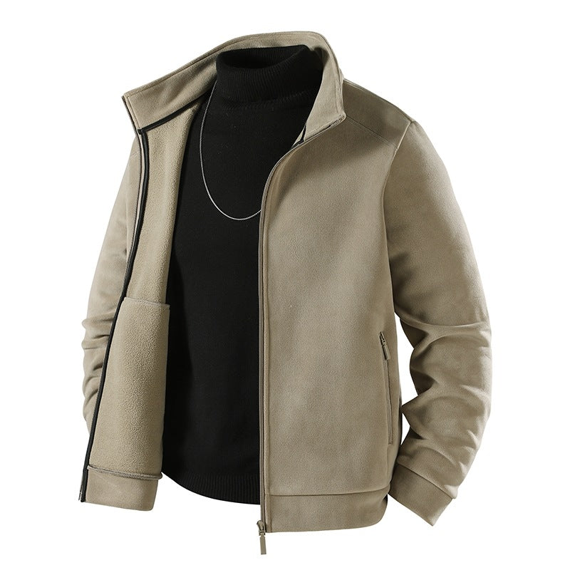 Men's Simple Velvet-Look Transitional Jacket with High-Closing Stand-Up Collar, Concealed Two-Way Zipper & Zip Pockets