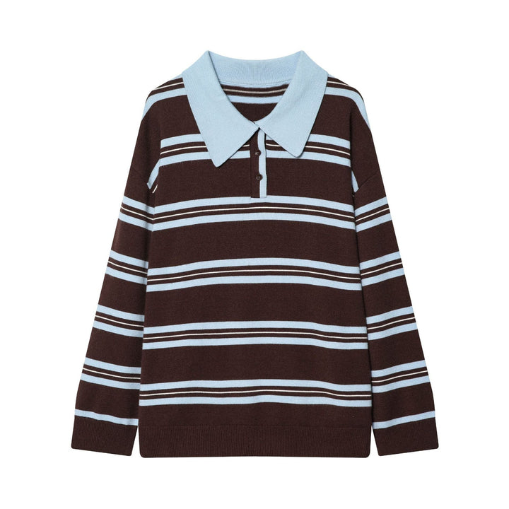 Women's Striped Fine Knit Polo Sweater with Button Placket, Ribbed Cuffs, and Light Wool Blend