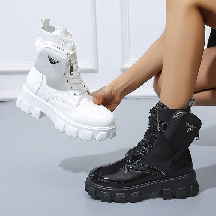 Women's Lace-up Mid-calf Boot in Utility Style with Detachable Mini Pouch and Platform Profile Sole