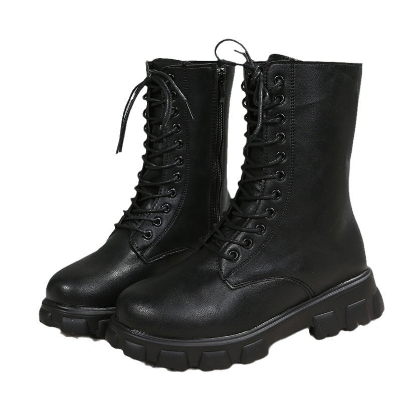 Women's Platform Biker Boots with Side Zipper, Lacing and Distinctive Profile Sole