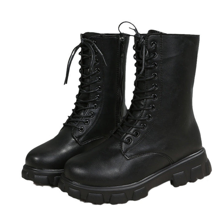 Women's Platform Biker Boots with Side Zipper, Lacing and Distinctive Profile Sole