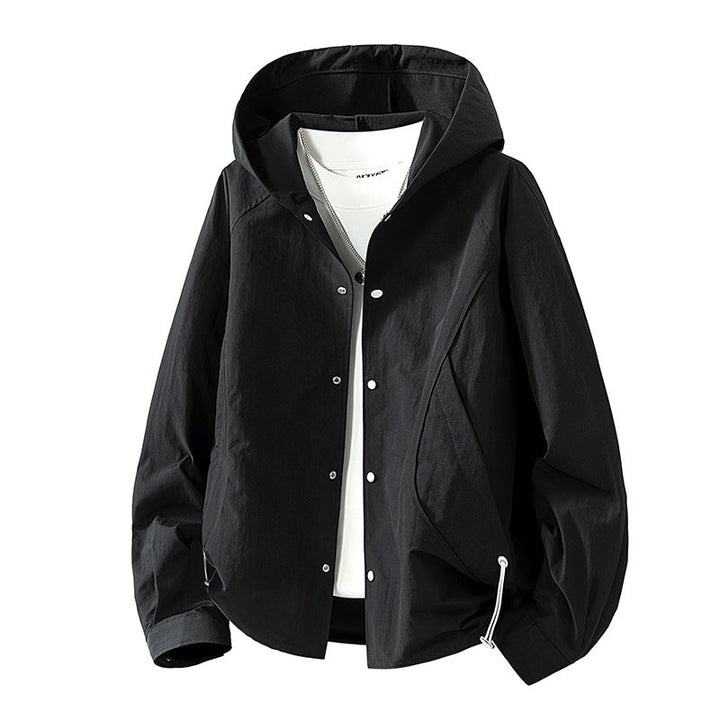 Women's Lightweight Hooded Jacket with Snap Front, Adjustable Drawstring Hem, and Practical Side Pockets