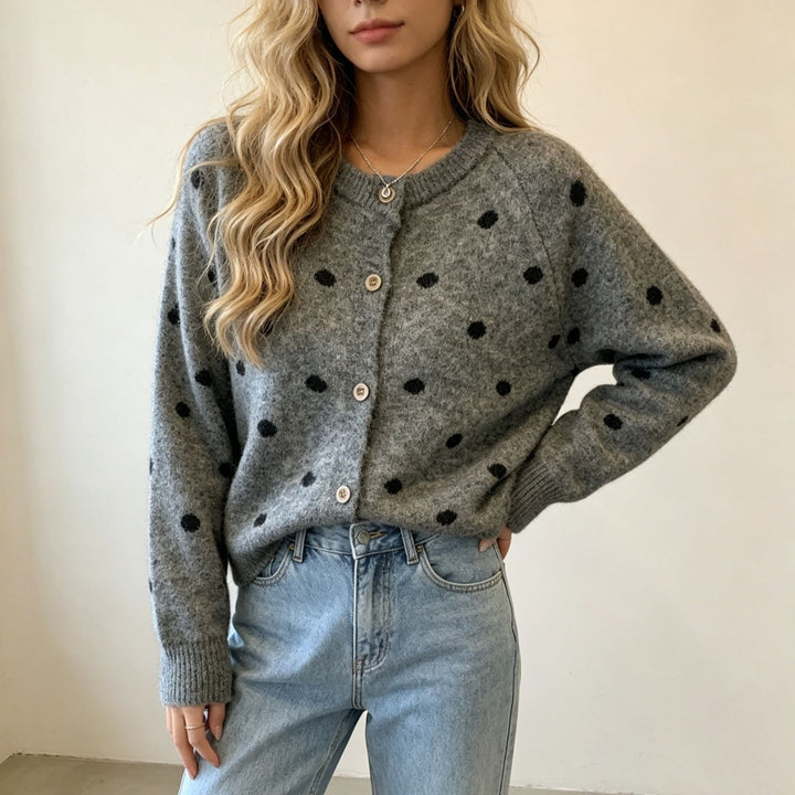 Women's Polka Dot Mohair-Style Button Cardigan with Round Neck