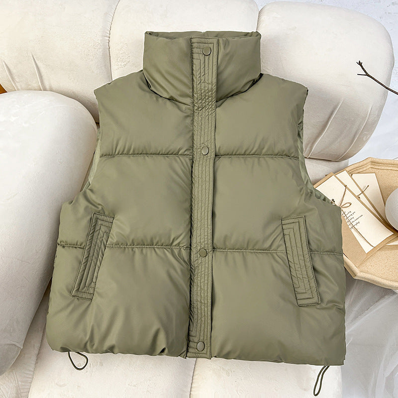 Women's Sleeveless Padded Quilted Vest with High Stand-up Collar and Drawstring