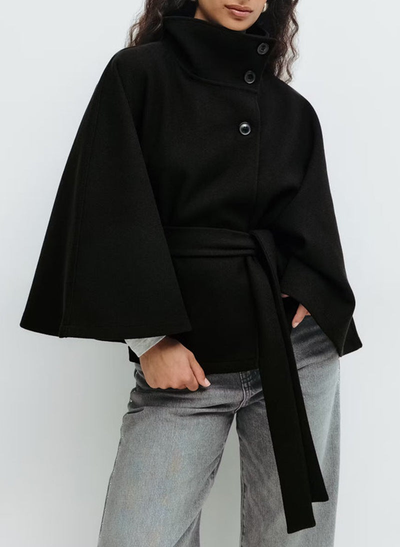 Women's Widely Cut Cape Coat with High Stand-up Collar, Button Placket, and Tie Belt