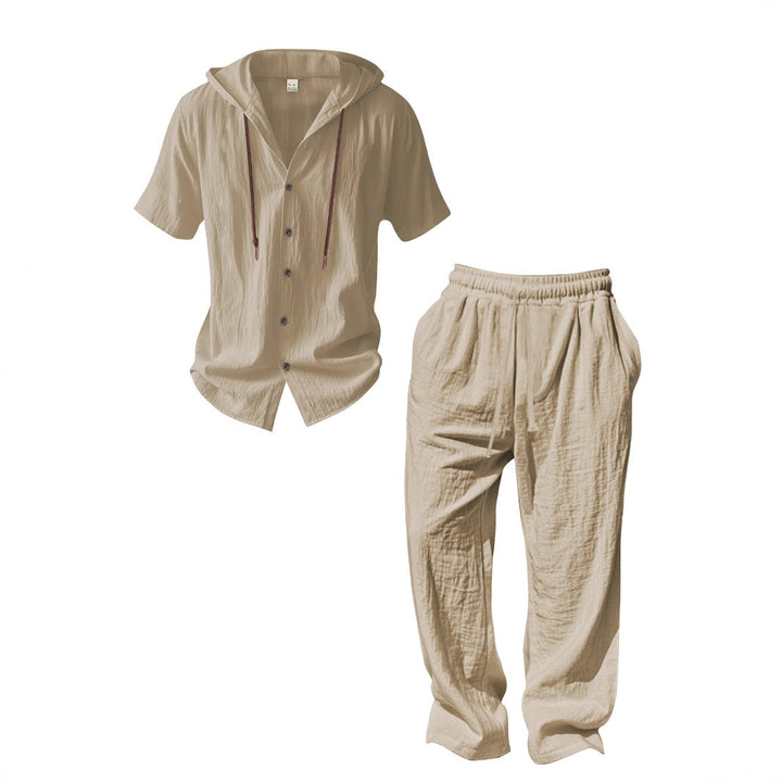 Men's Airy Linen Lounge Set with Short-sleeved Hoodie and Straight Relaxed Pants