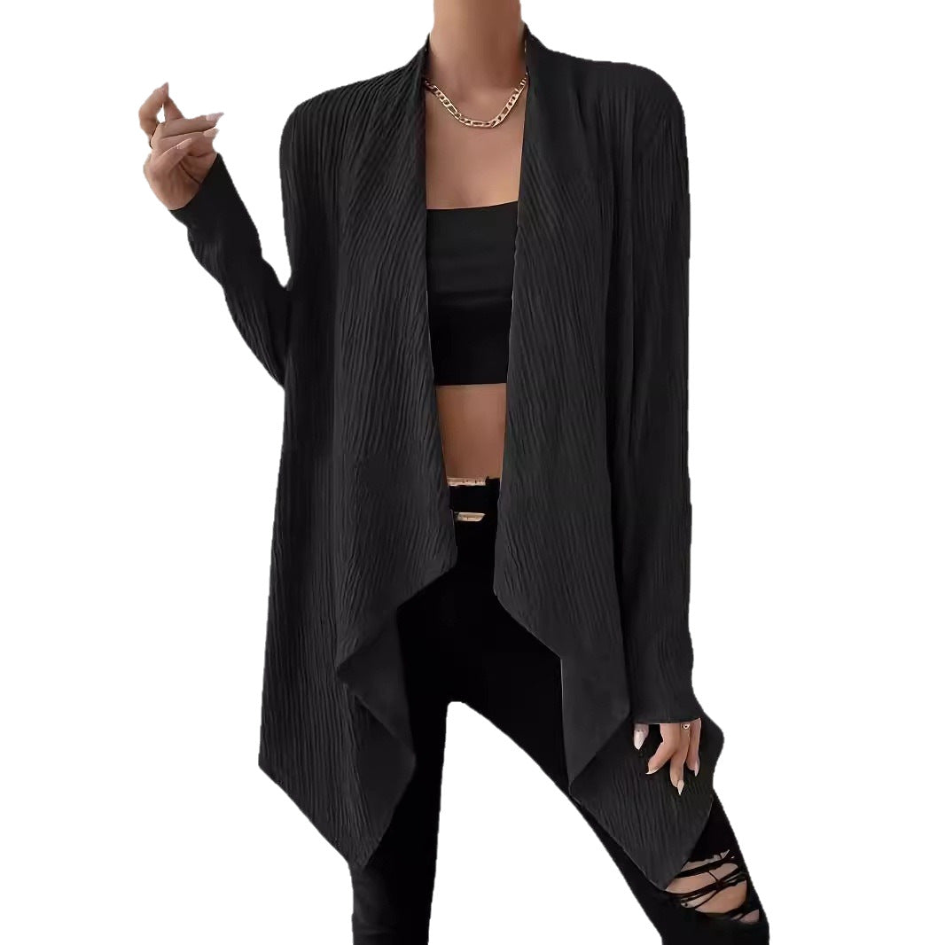 Women's Open Crinkle Cardigan with Waterfall Hem and Longline Silhouette