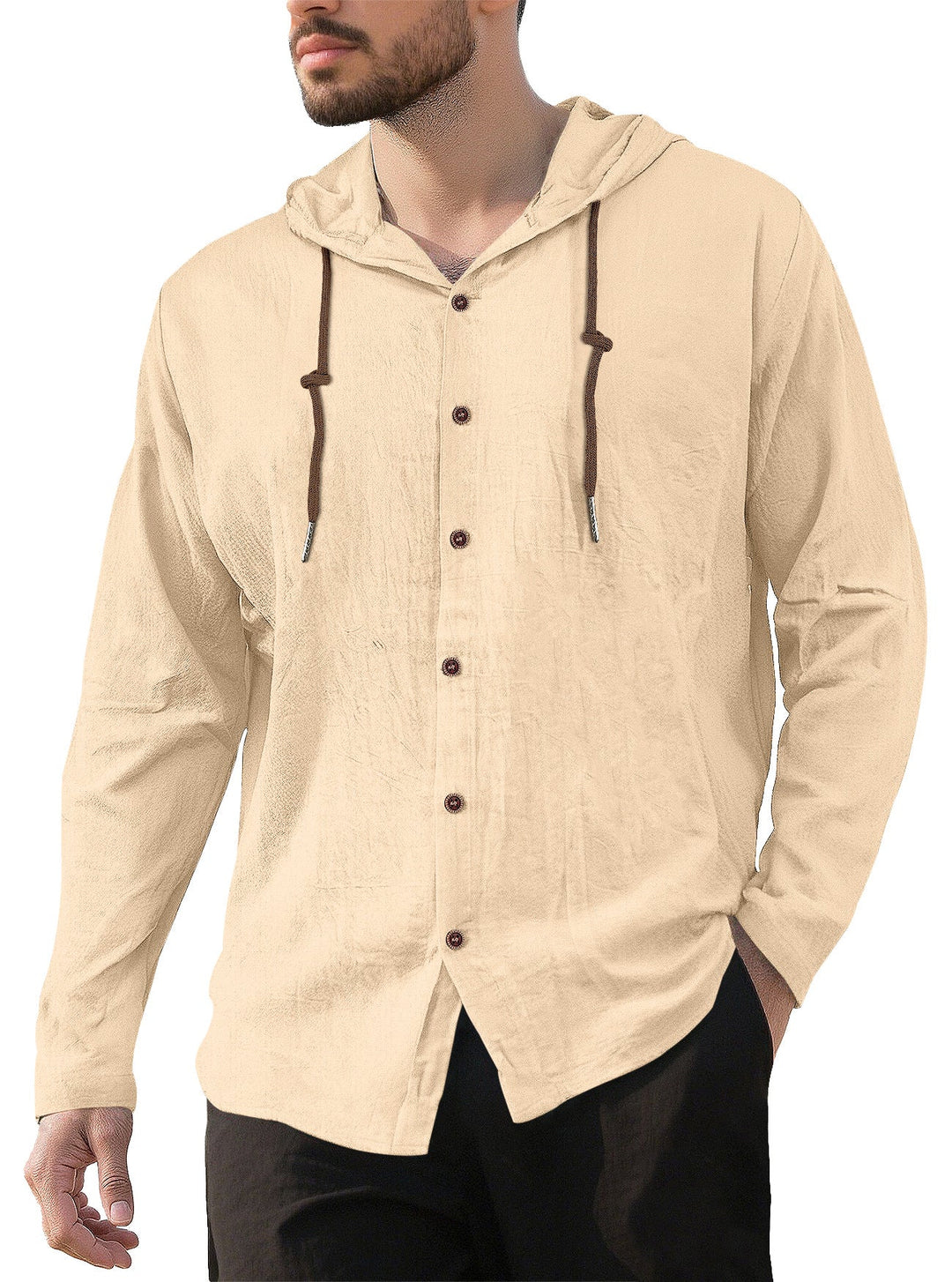 Men's Textured Linen Blend Hooded Shirt with Button Placket, Wood Buttons, and Side Slits