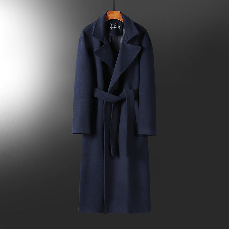 Men's Maxi-length Tailored Wool Blend Coat with Wide Shawl Collar and Belt