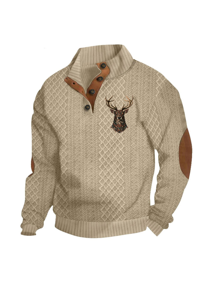 Men's Heritage Textured Pullover with Stand-up Collar Faux Leather Trim Elbow Patches and Half-button Placket