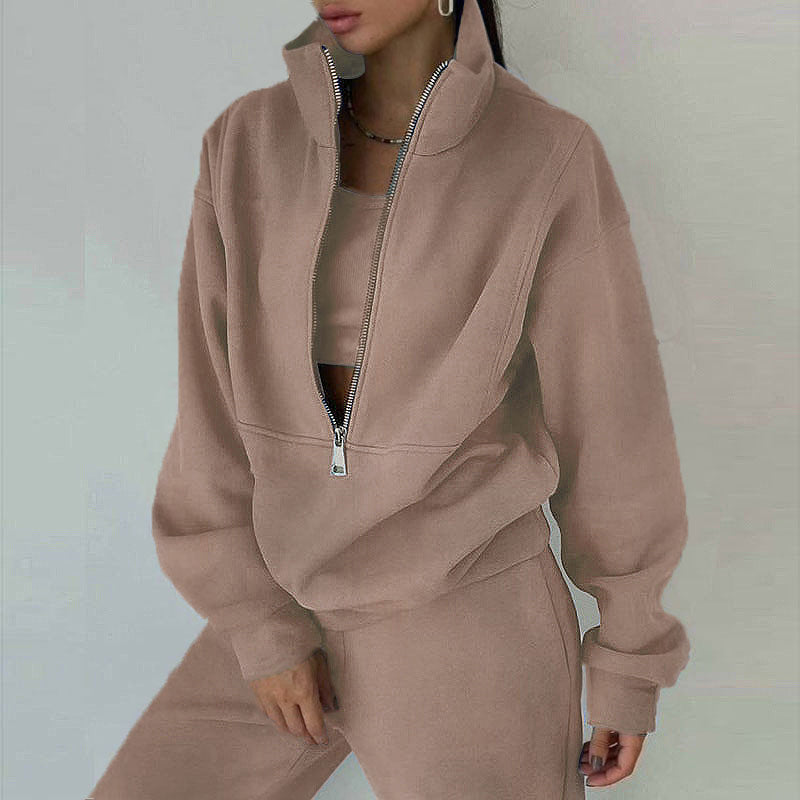 Women's Short Half-zip Sweatshirt and Jogging Pants Set with Stand-up Collar, Oversized Cut and Soft French Terry