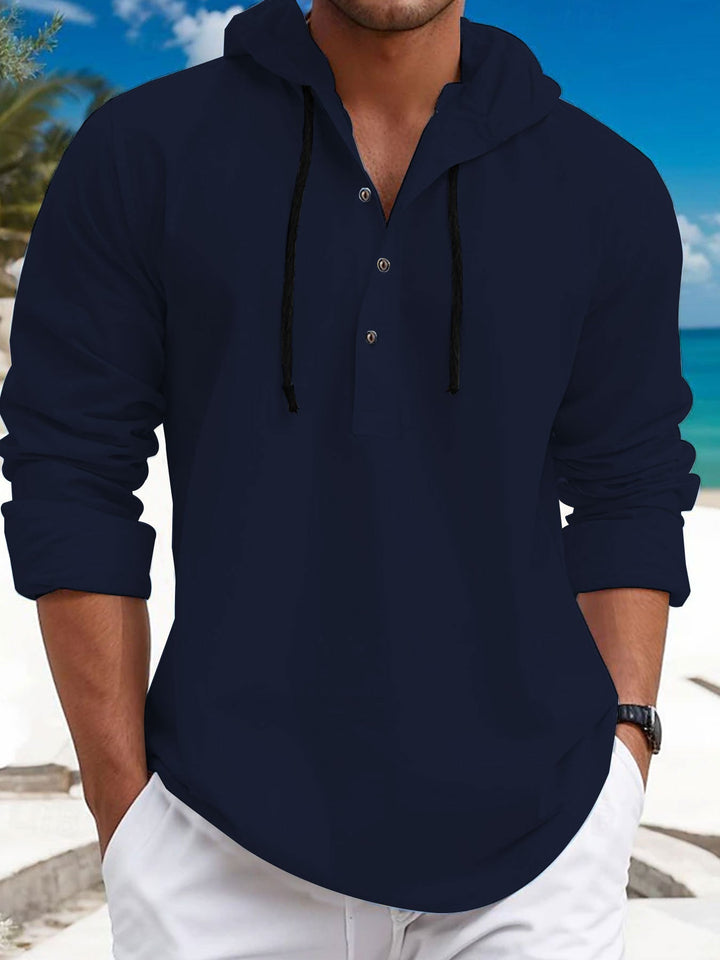 Men's Summer Hoodie Henley with Hidden Button Placket, Drawstring and Rounded Hem