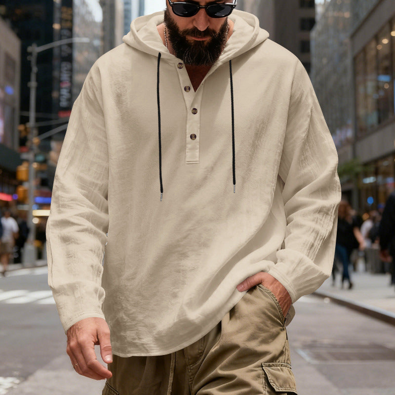 Men's Lightweight Hooded Shirt with Button Placket made of Linen Blend and Relaxed Fit