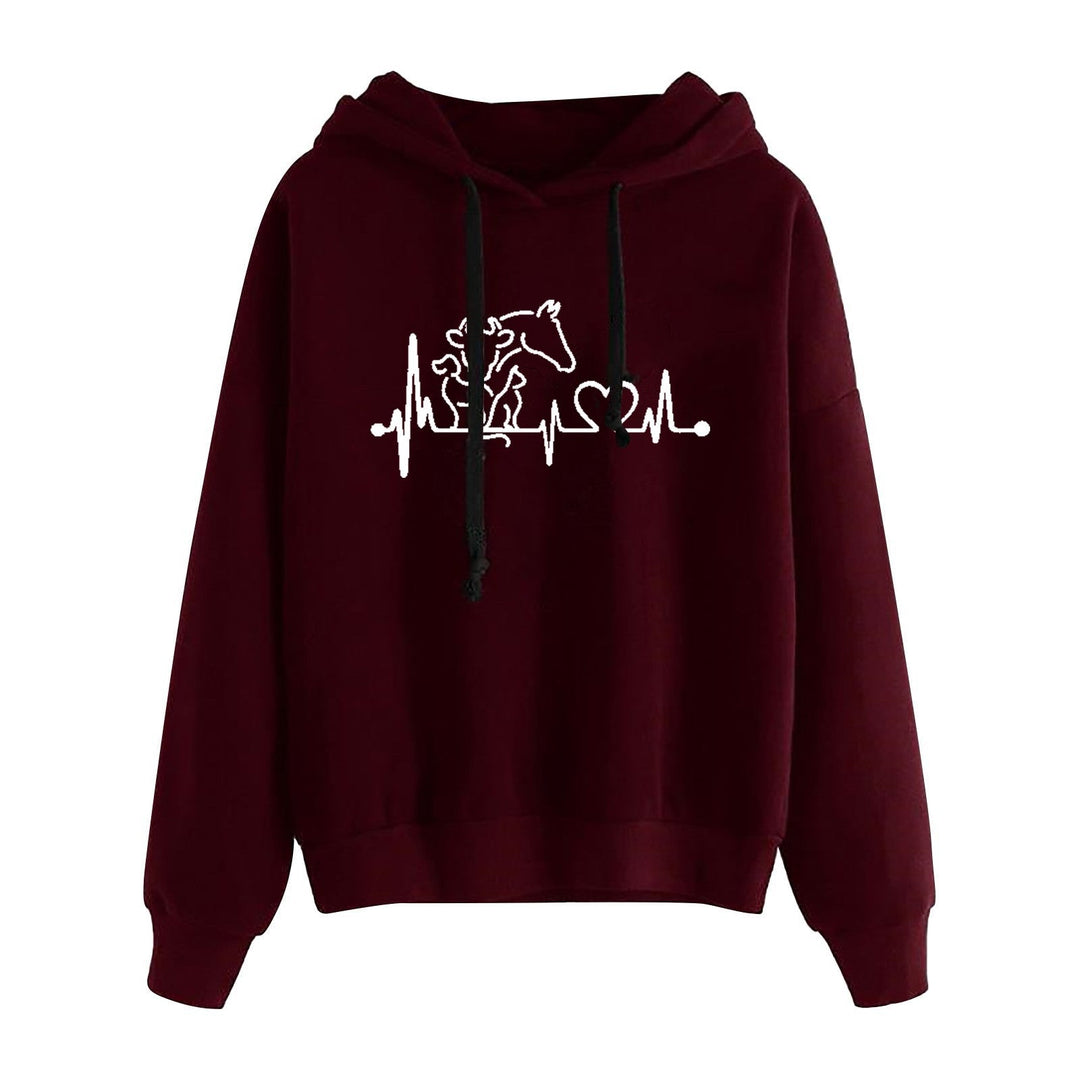 Women Light Oversized Hoodie with Heart EKG Motif, Long Cords and Elastic Cuff