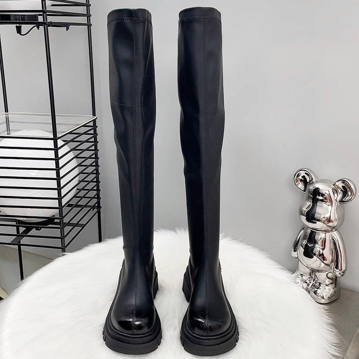Women's Thigh-High Stretch Boots with Sleek Shaft and Shaped Platform Sole