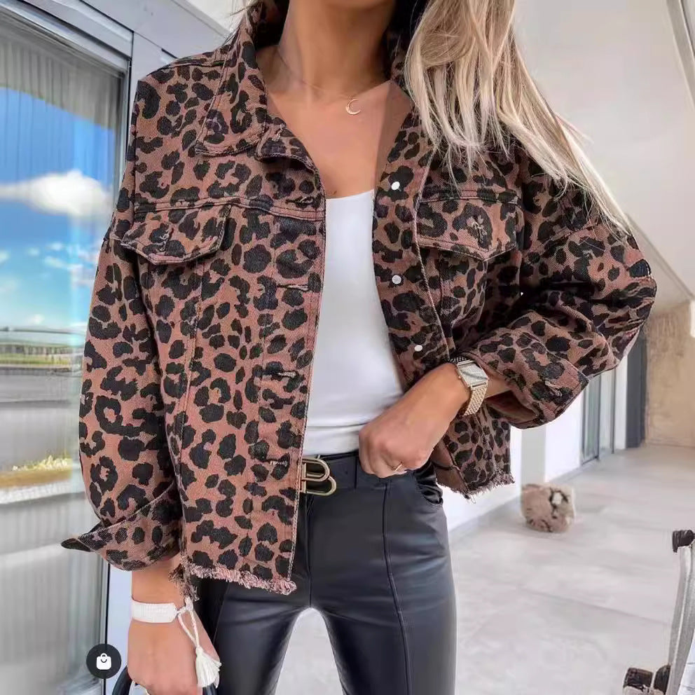 Women's Cropped Oversized Denim Jacket with Leopard Print, Patch Chest Pockets, and Raw Hem