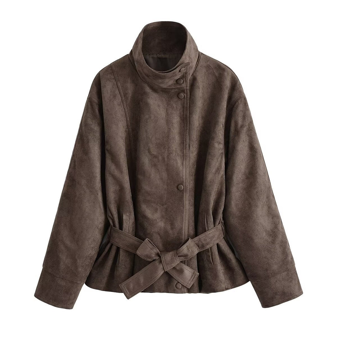 Women's Short Jacket in Suede Look with Stand-up Collar and Tie Belt