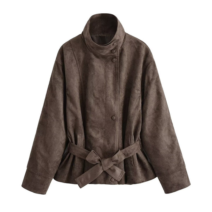 Women's Short Jacket in Suede Look with Stand-up Collar and Tie Belt