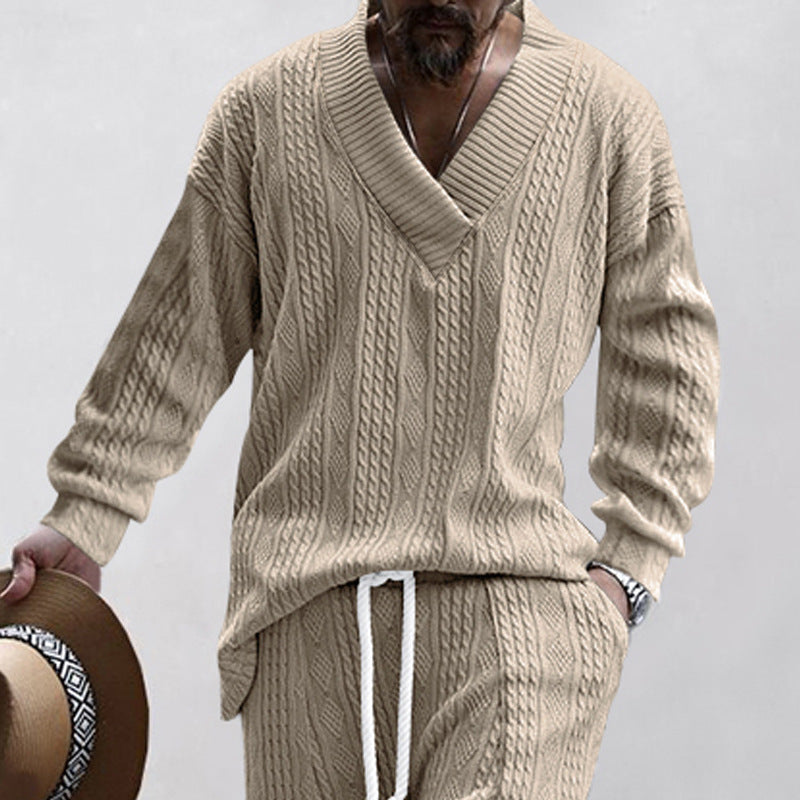 Men's Oversize Cable Knit Long Sweater with Deep V-Neck and Matching Knit Pants