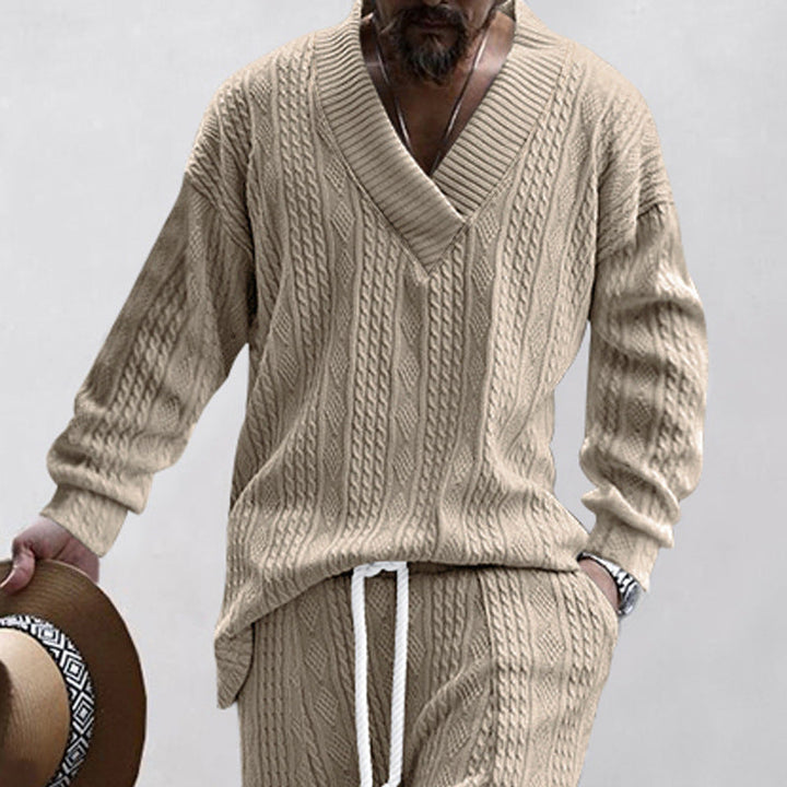 Men's Oversize Cable Knit Long Sweater with Deep V-Neck and Matching Knit Pants