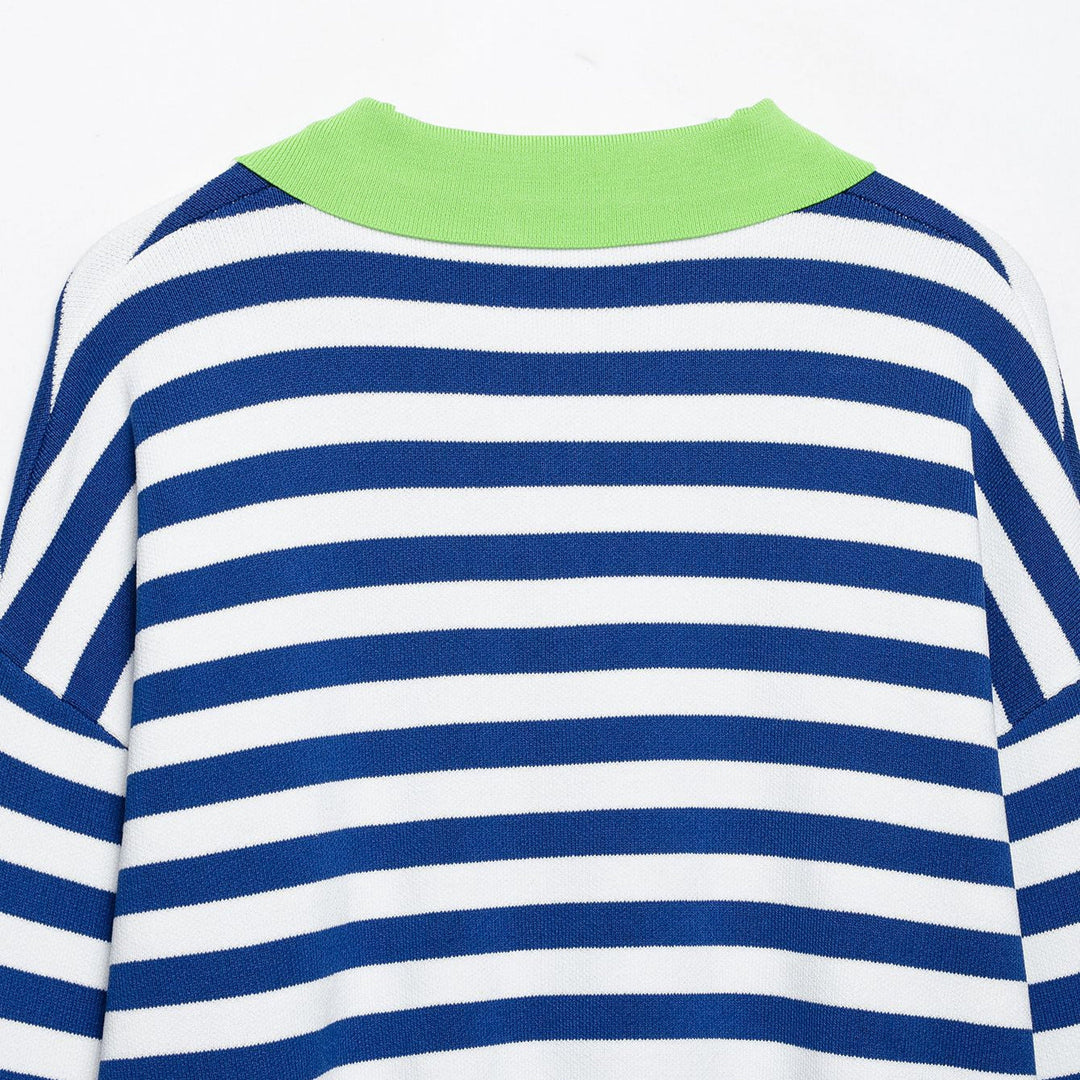 Women's Striped Cropped Polo Sweater in Fine Knit with Balloon Sleeves