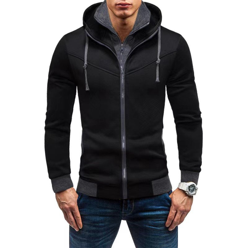 Men's Slim-Fit Hoodie Jacket with Concealed Zipper Double Collar and Contrasting Cuffs