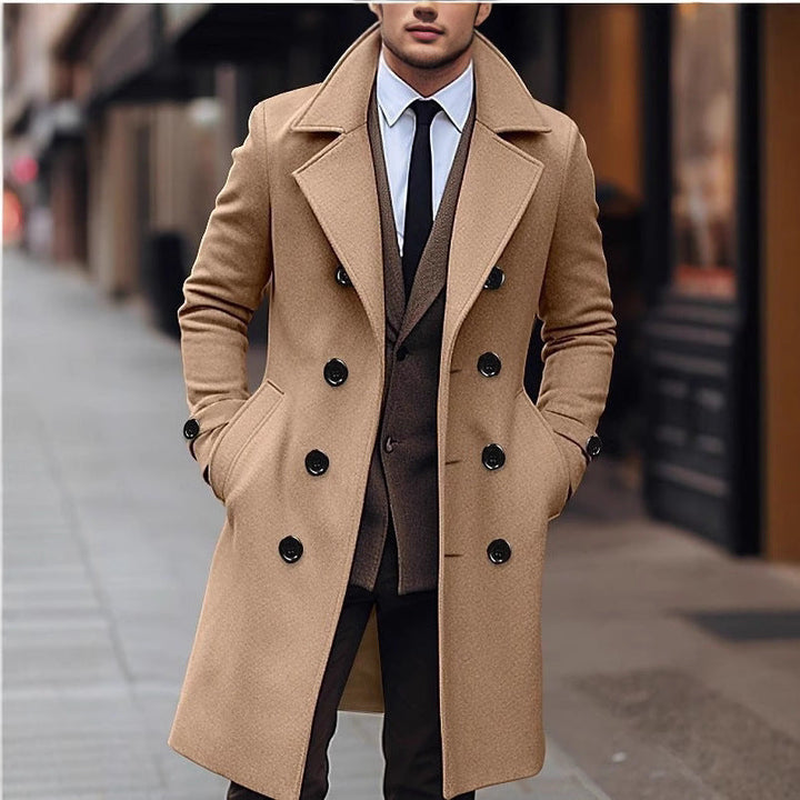 Men's Elegant Double-breasted Wool Coat with Wide Lapels and Tailored Business Cut