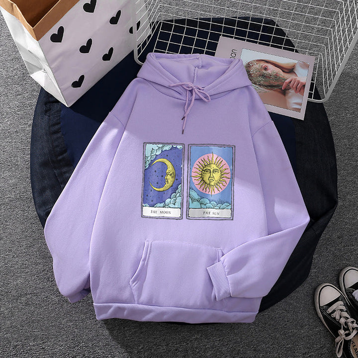 Women Light Oversized Hoodie with Heart EKG Motif, Long Cords and Elastic Cuff
