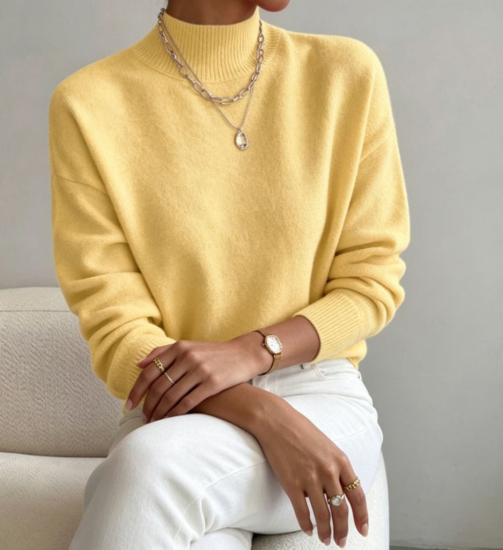 Women's Cozy Fine-knit Pullover with Stand-up Collar and Drop Shoulder