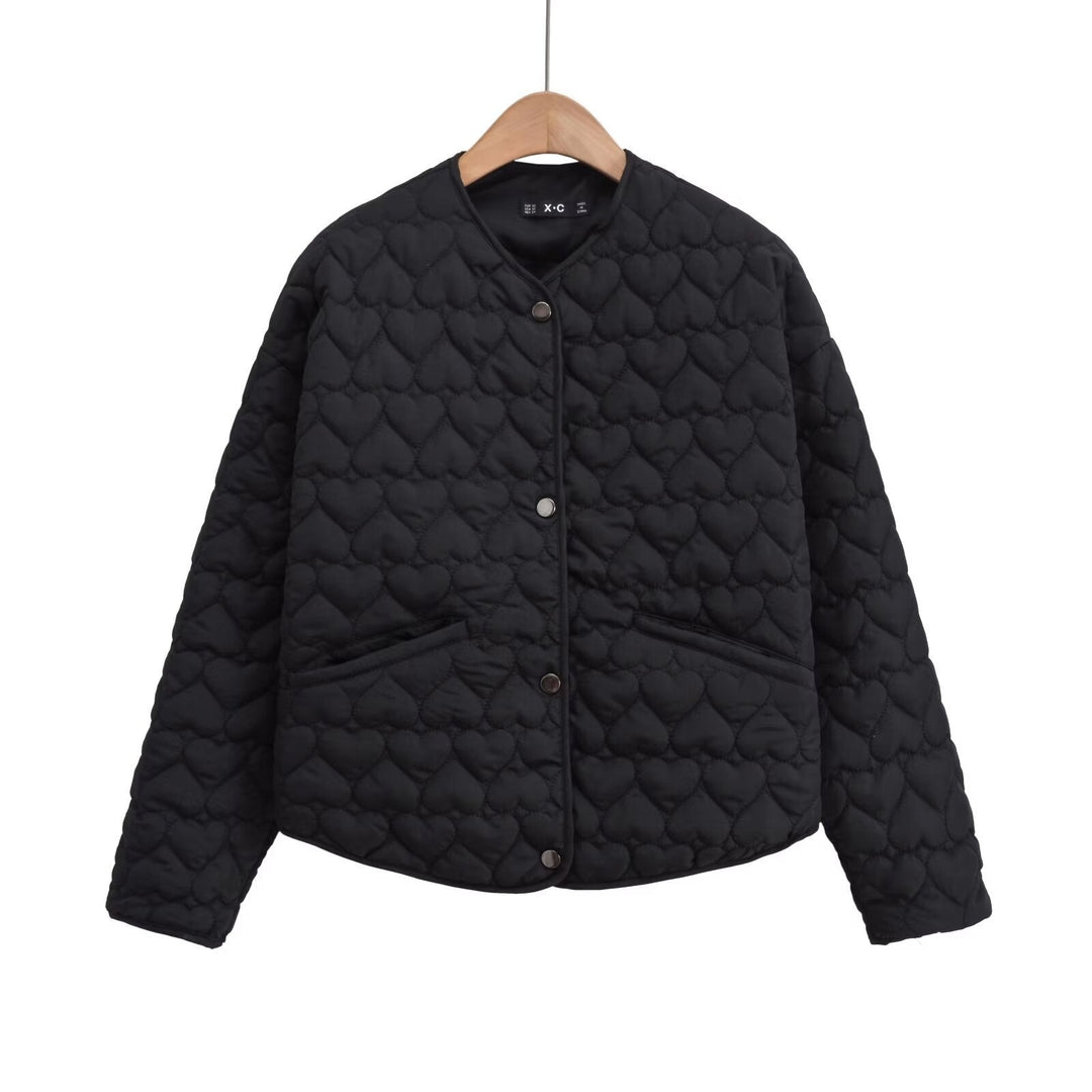 Women Quilted Short Jacket with Heart Quilting, Round Neckline and Snap Buttons